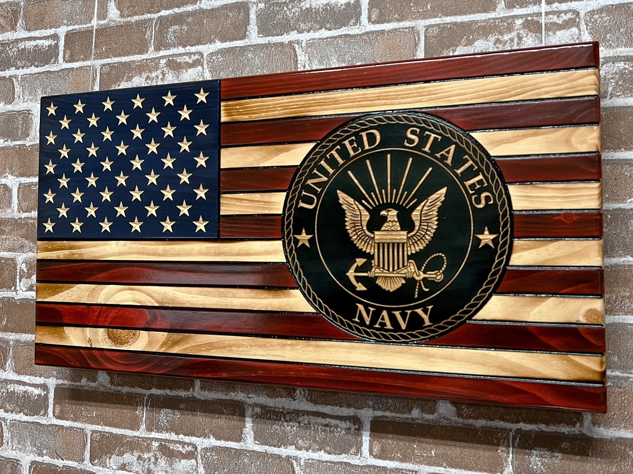 US Navy Wooden Flag with Round Logo - Navy Award Plaque