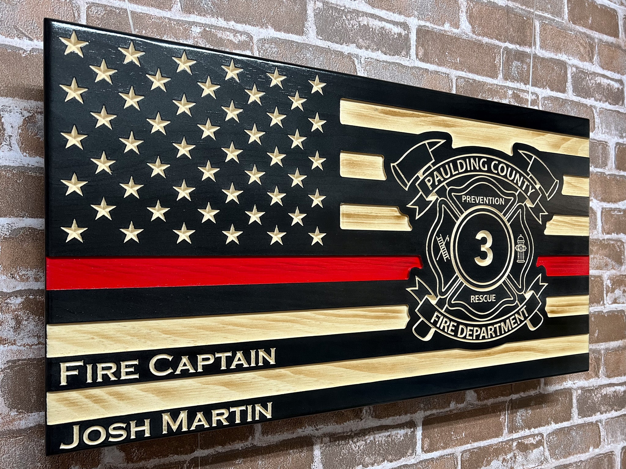 Firefighter Personalized Carved Wooden Logo American Flag with Thin red line