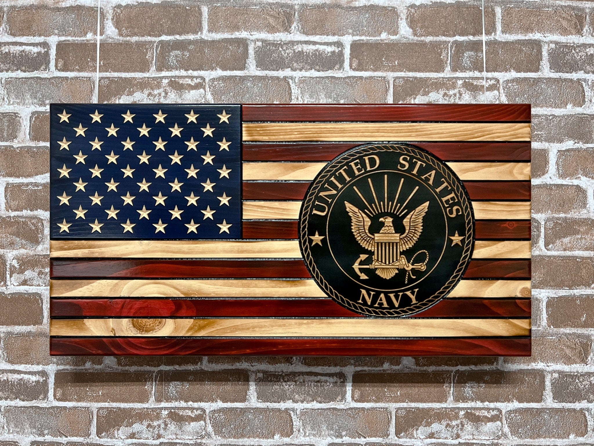 US Navy Wooden Flag with Round Logo - Navy Award Plaque