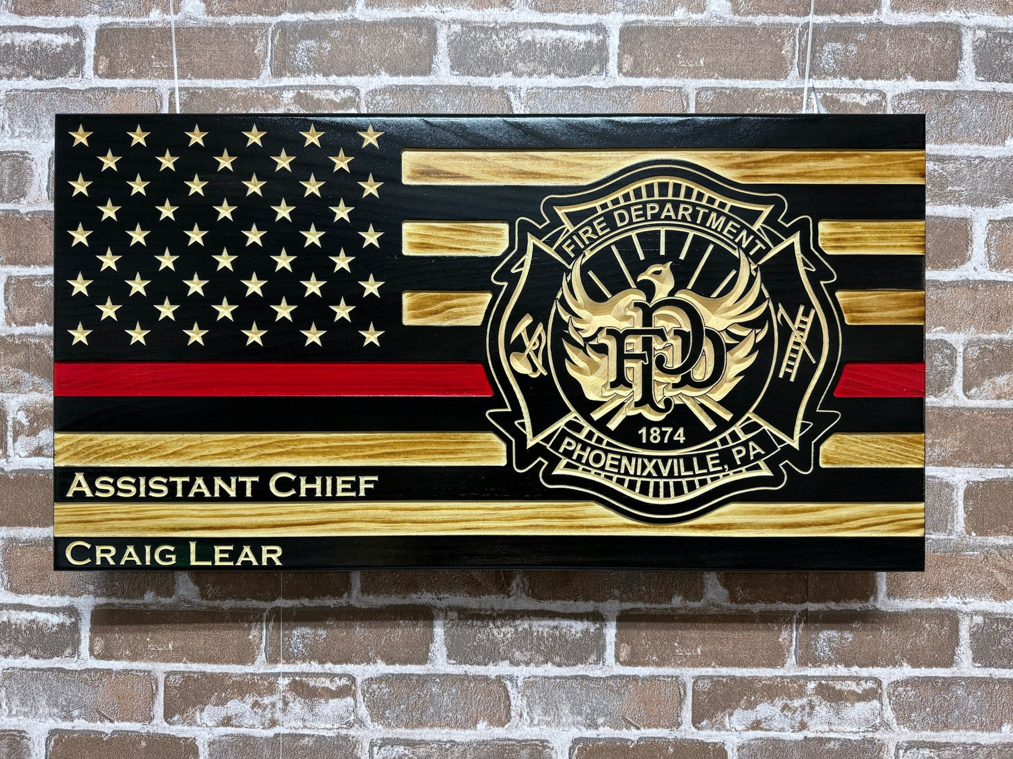 Firefighter Personalized Carved Wooden Logo American Flag with Thin red line