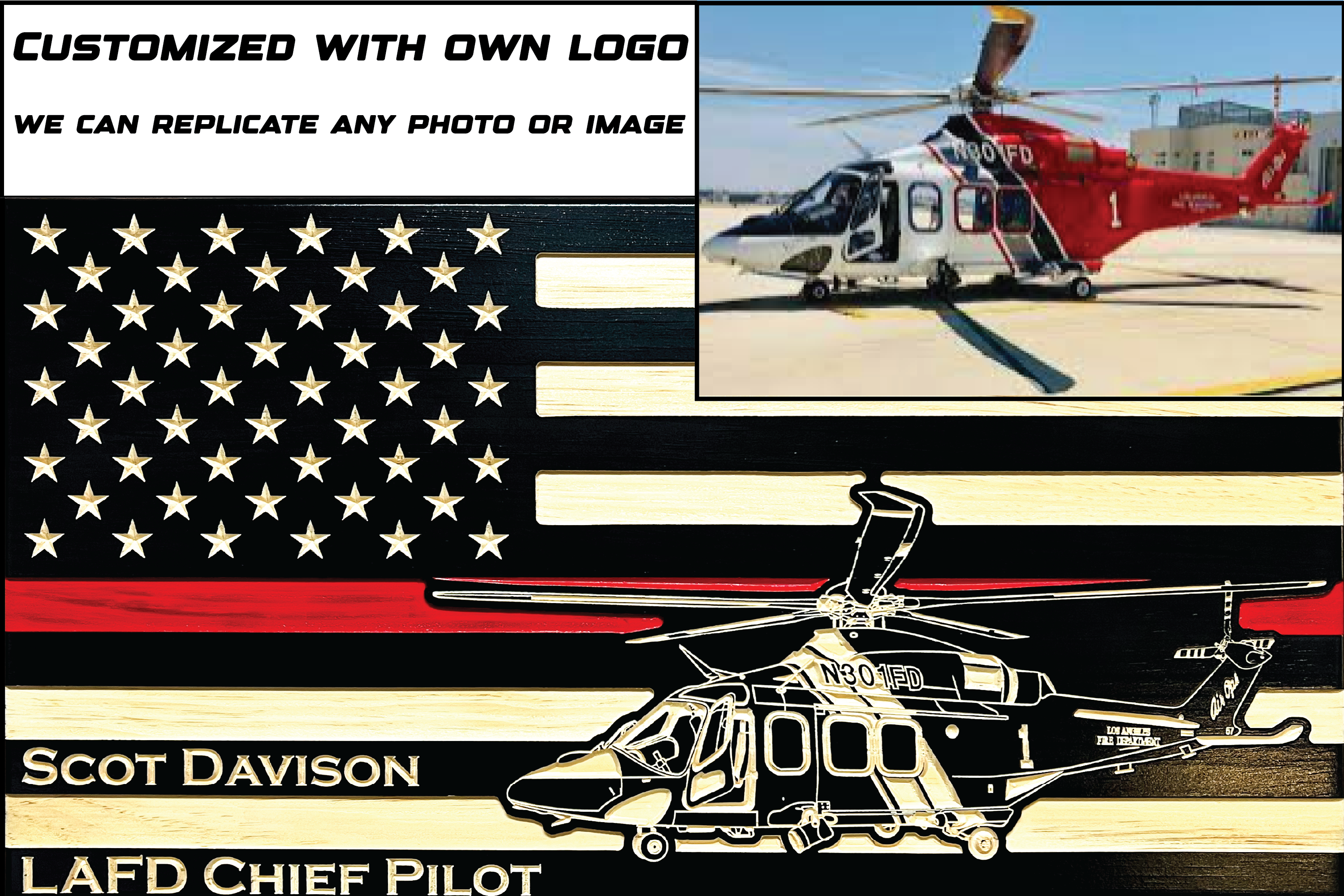 Firefighter Personalized Carved Wooden Logo American Flag with Thin red line