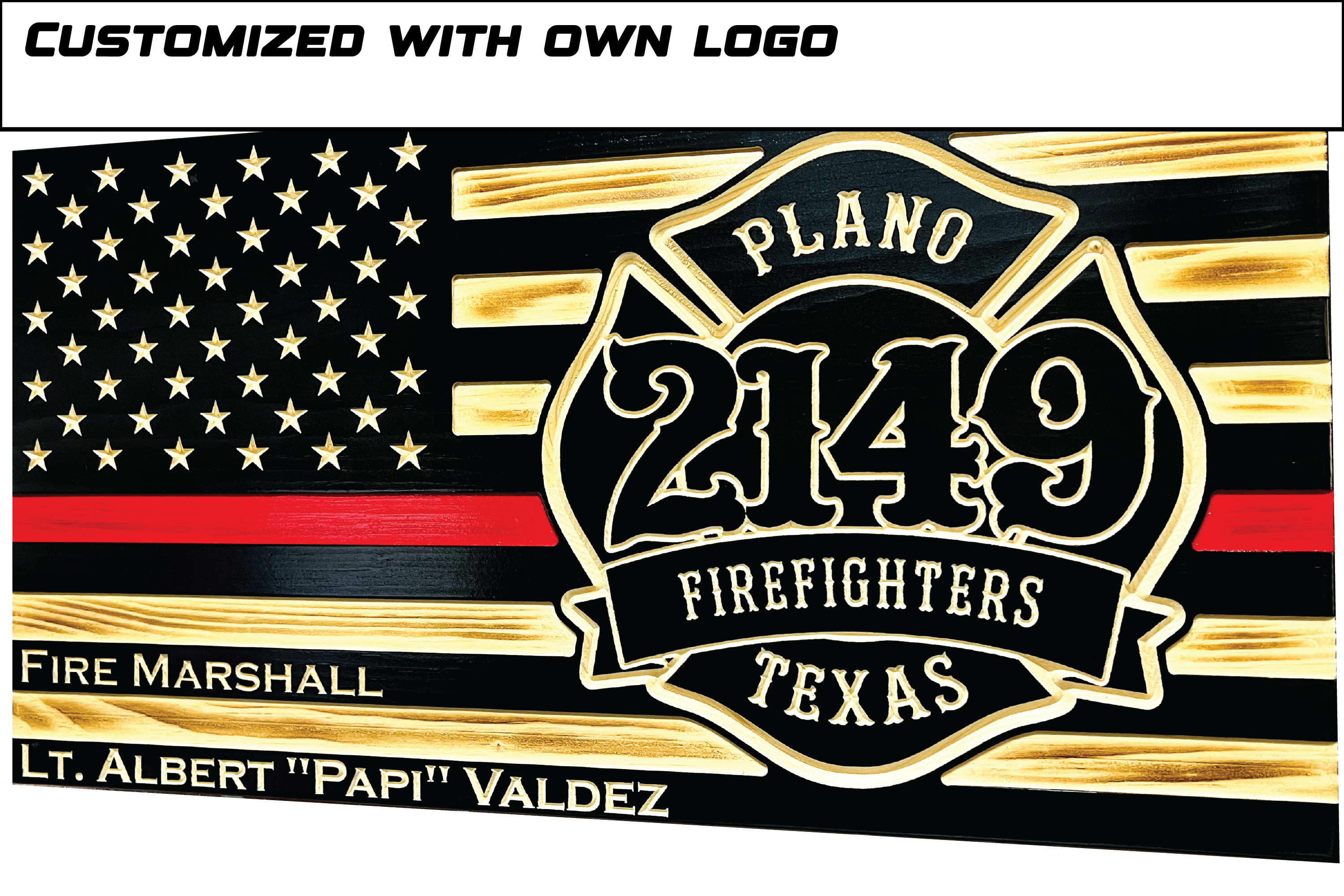 Firefighter Personalized Carved Wooden Logo American Flag with Thin red line