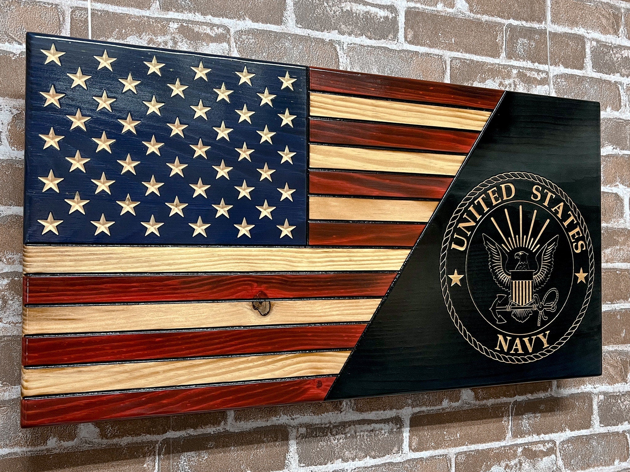 Navy Wooden Flag, Split USA Flag with Seal