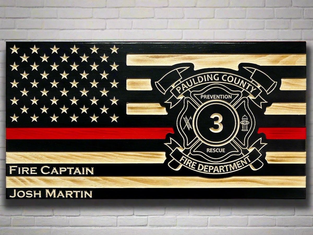 Firefighter Thin Red Line plaque flag with carved logo on wood