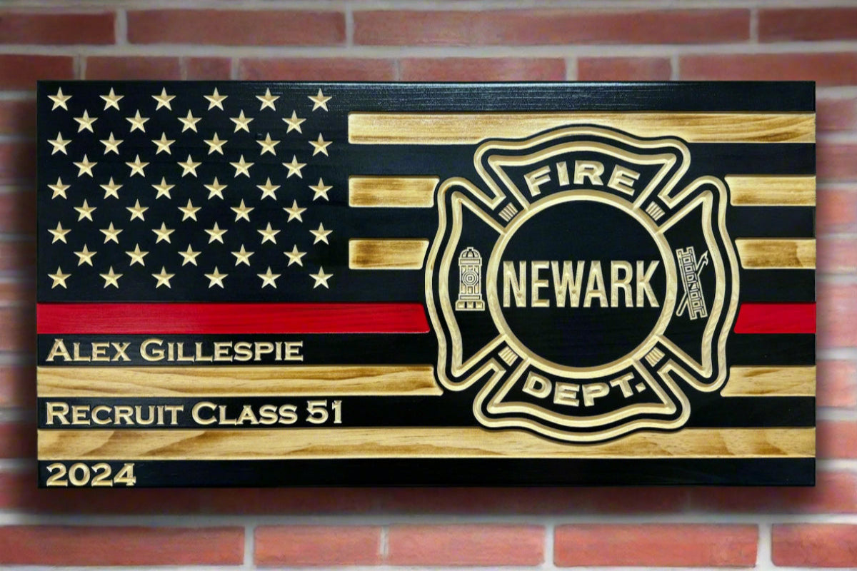 Wooden Thin Red Line firefighter flag with engraved fire department logo, designed as a recognition award
