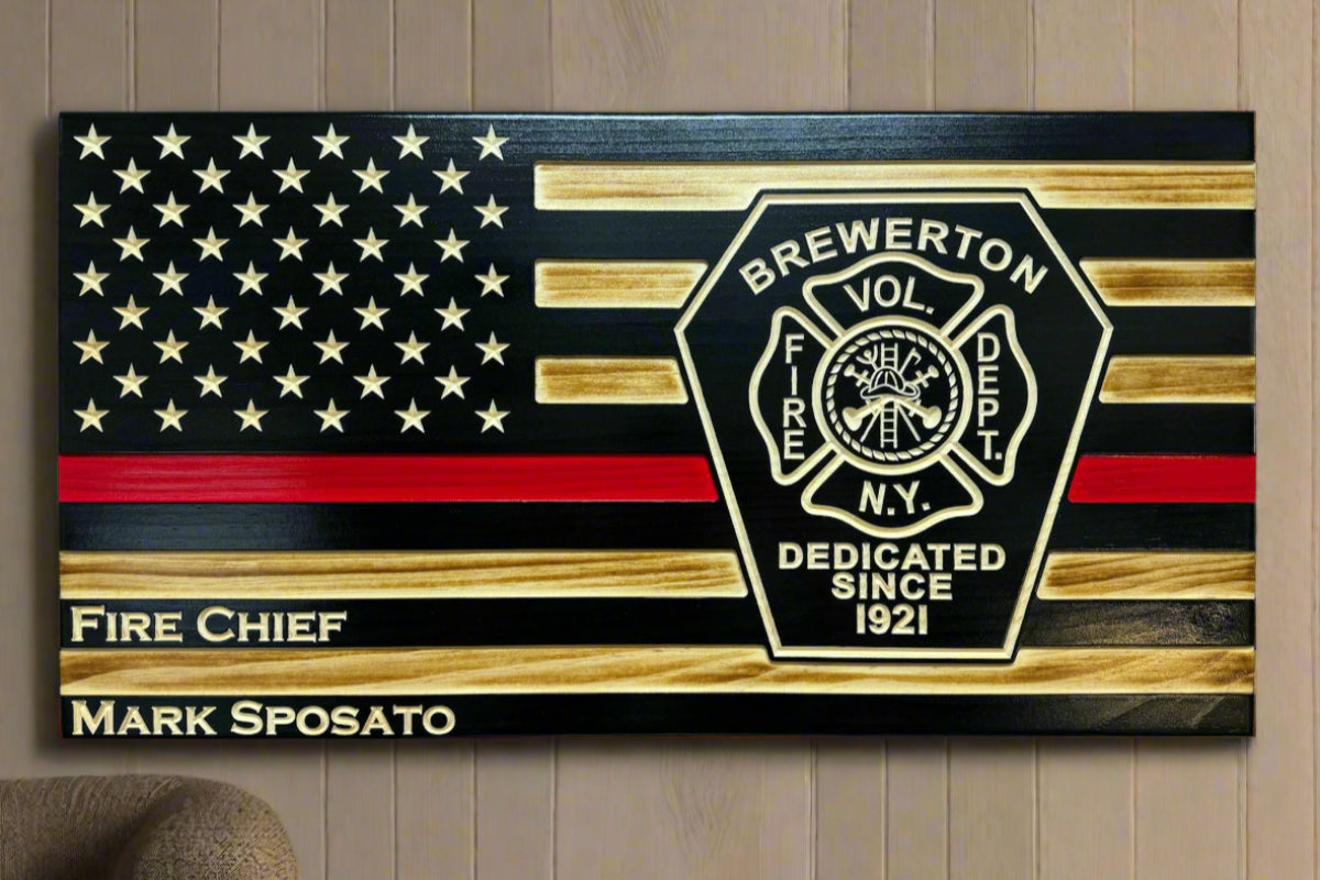 Handcrafted wooden firefighter plaque featuring Thin Red Line design and Brewerton Fire Department Logo