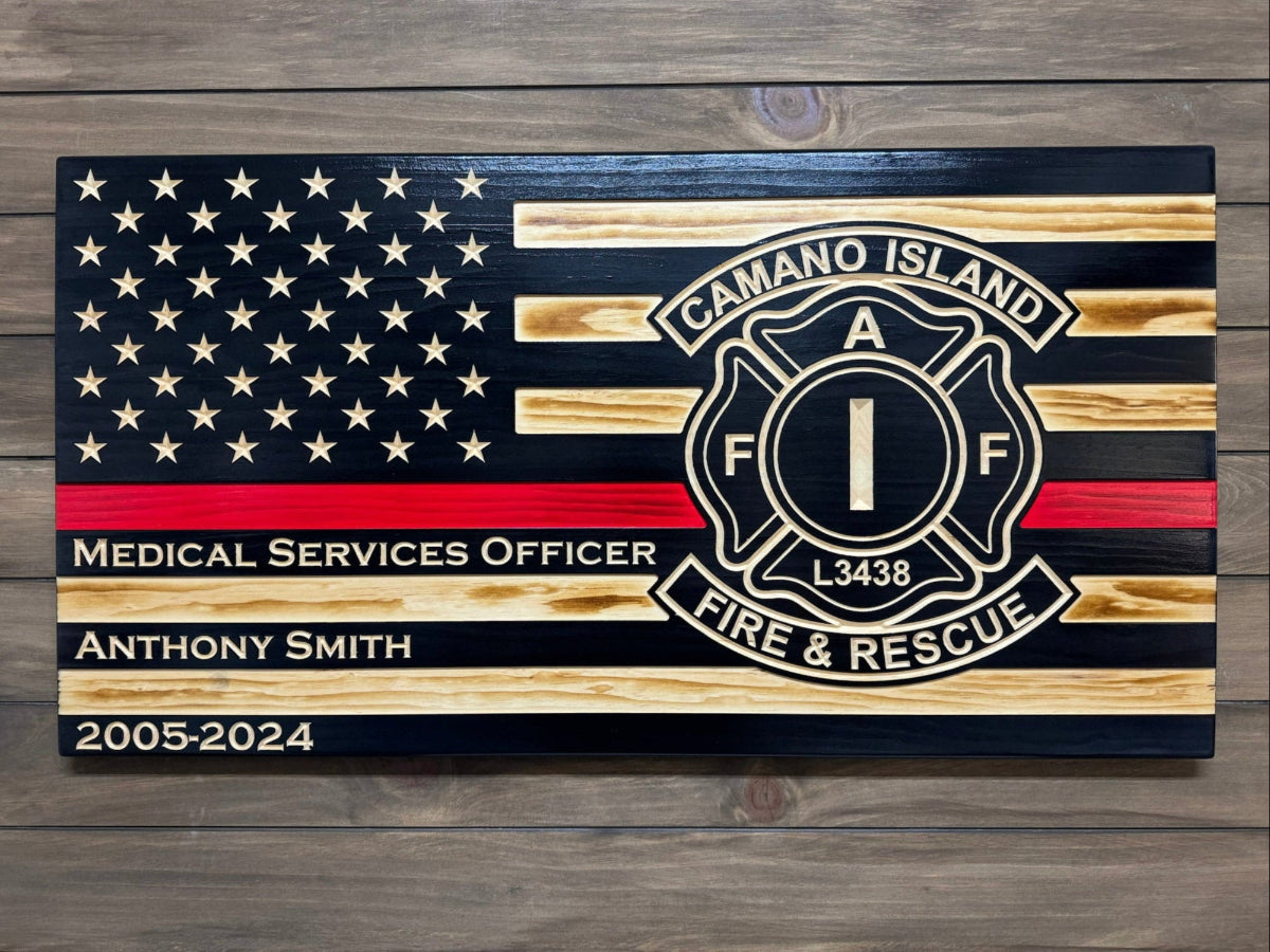 Engraved wooden firefighter plaque featuring Thin Red Line design and Camano Island Fire Dept emblem
