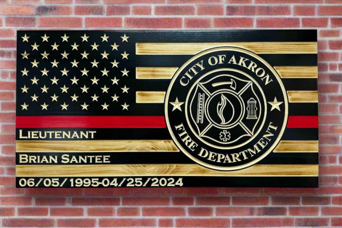 Custom Thin Red Line firefighter flag with engraved City of Akron Fire Department logo