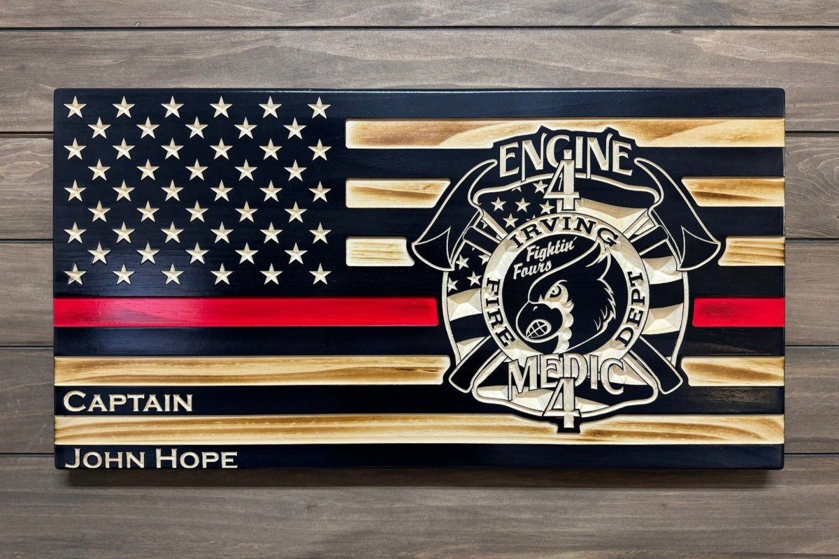 Custom firefighter flag with Thin Red Line design, engraved Engine 4 logo and Irving Fire Department Medic 4 insignia