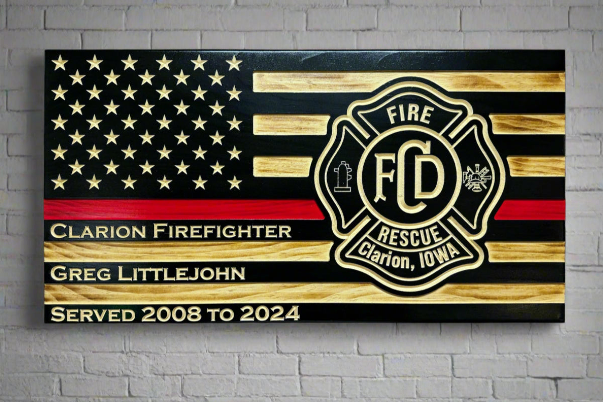 Custom Thin Red Line firefighter flag with engraved FCD Clarion Iowa Fire Dept logo