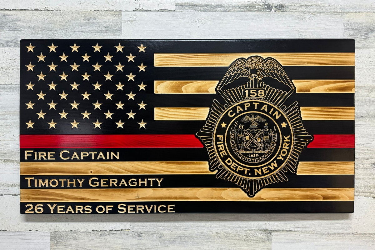 Wooden Thin Red Line firefighter flag featuring engraved FDNY badge and Fire Department of New York emblem