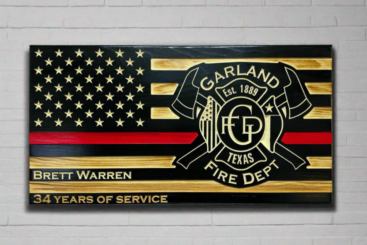 Handcrafted wooden firefighter plaque featuring Thin Red Line design and Garland, Texas Fire Department logo