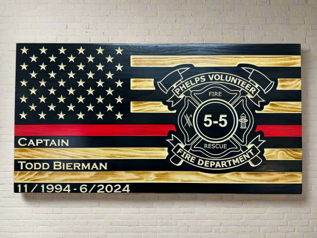 Customer Personalized Firefighter Thin Red Line plaque flag with carved logo on wood