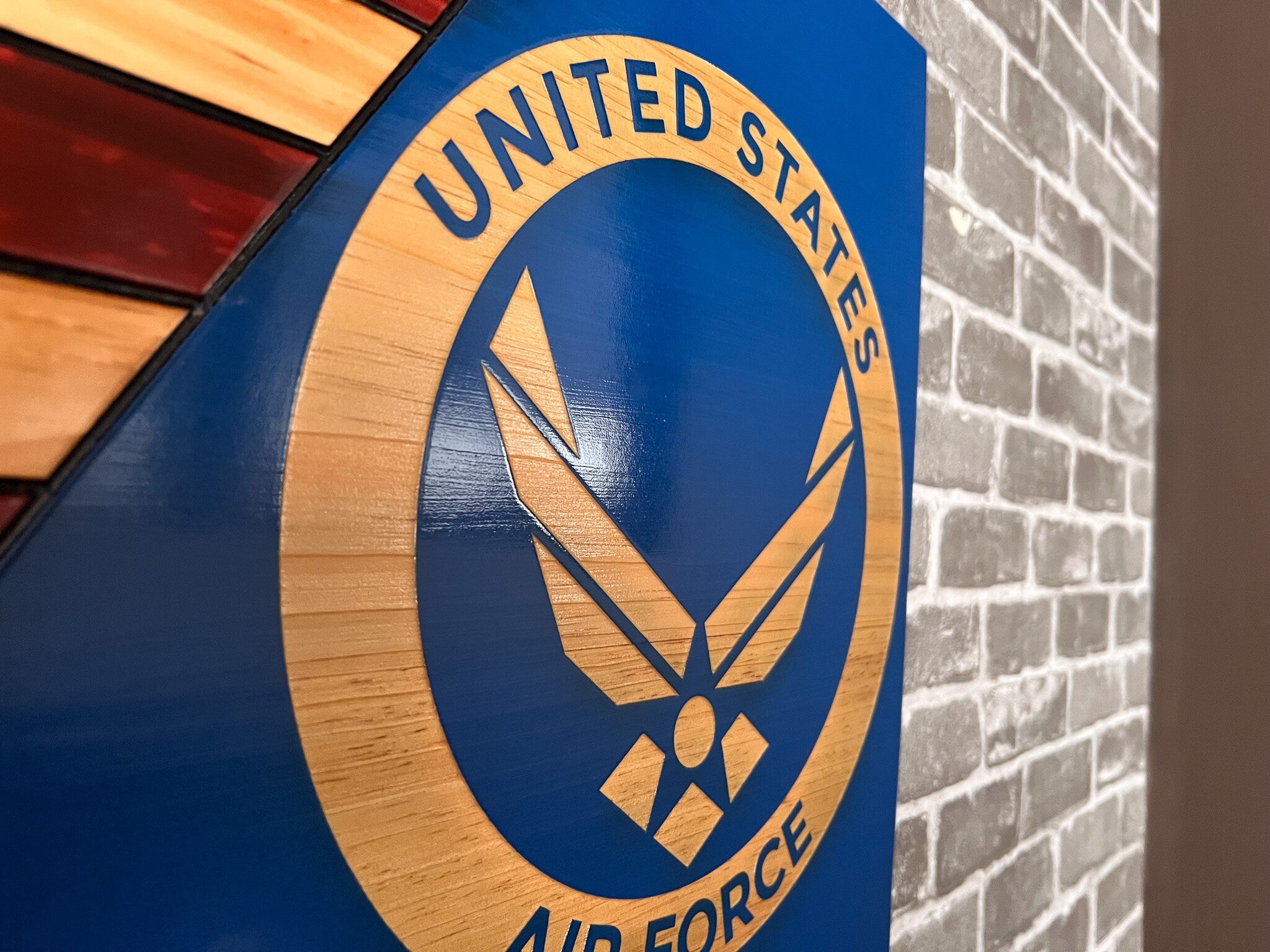 Customizable US Wooden Flag with Air Force Wings Logo