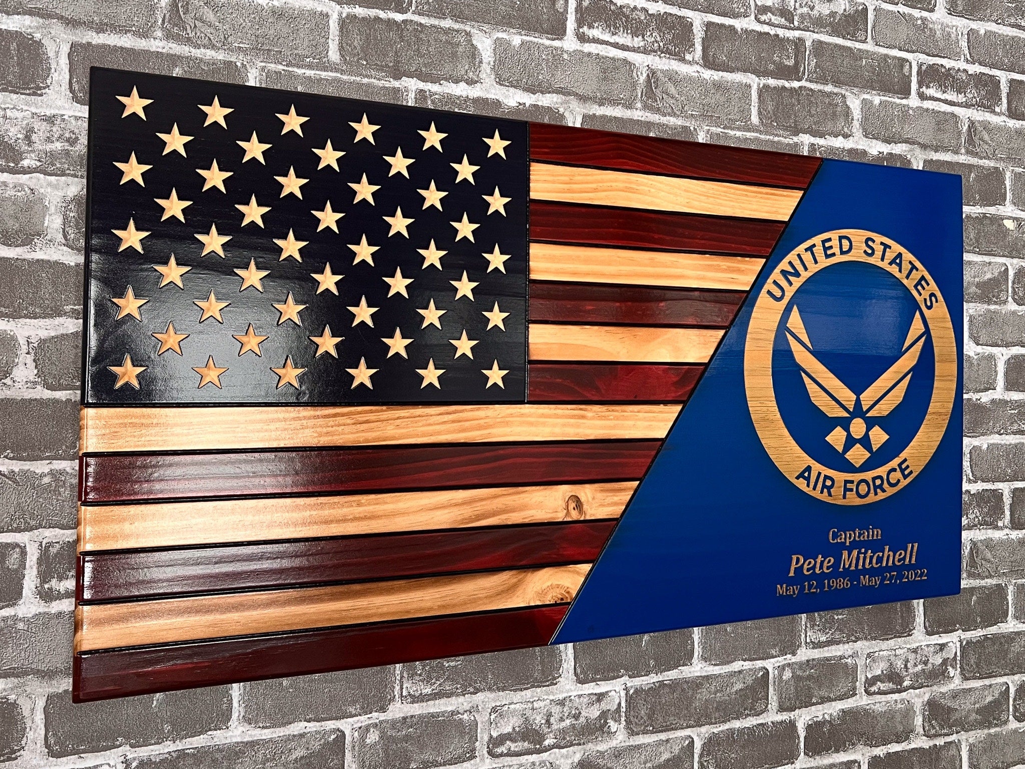 Customizable US Wooden Flag with Air Force Wings Logo