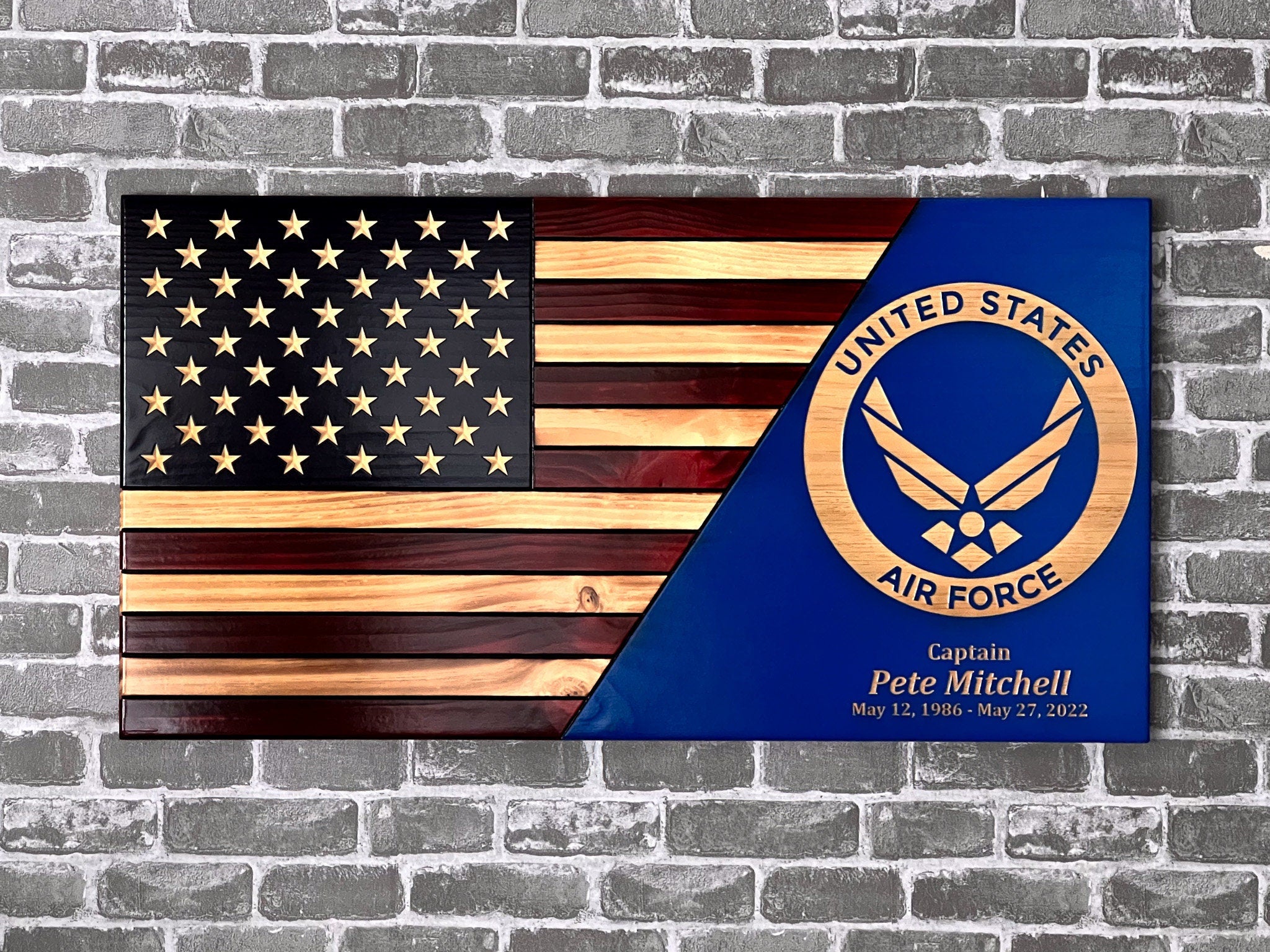 Customizable US Wooden Flag with Air Force Wings Logo