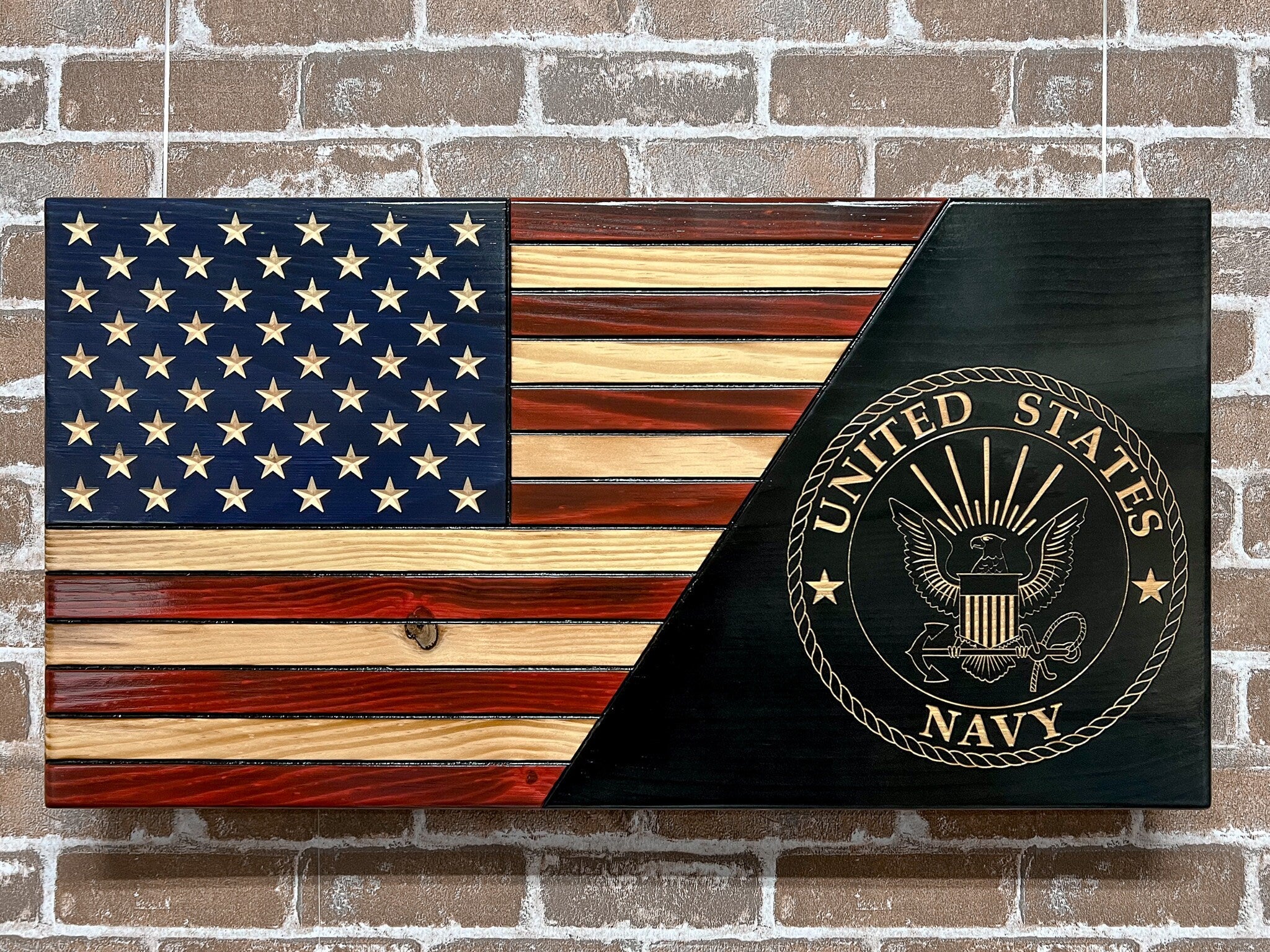 Navy Wooden Flag, Split USA Flag with Seal,  Patriotic, Dad, Son, Wedding Gift, Graduation, Wooden American flag wall art