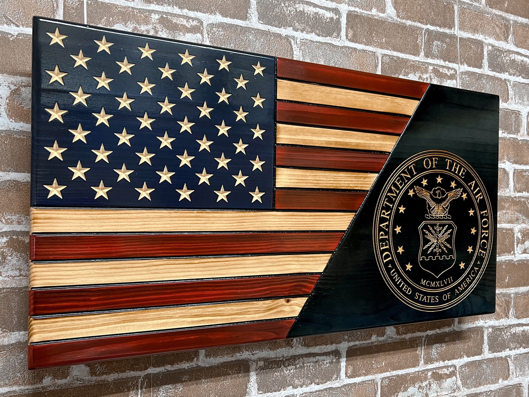 Air Force Wooden Flag, Split USA Flag with Seal,  Charred, Patriotic, Dad, Son, Wedding Gift, Graduation, Wooden American flag wall art