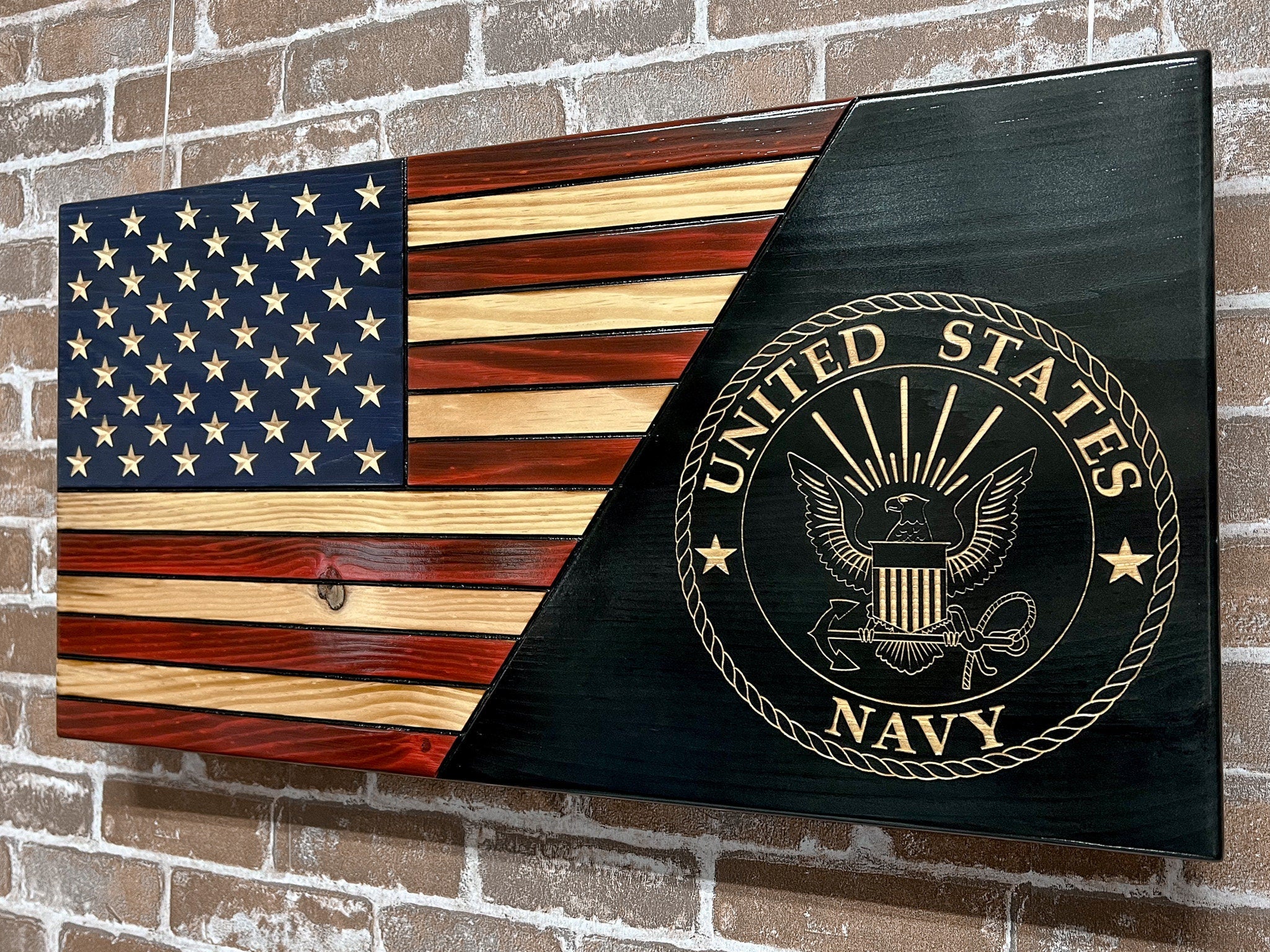 Navy Wooden Flag, Split USA Flag with Seal,  Patriotic, Dad, Son, Wedding Gift, Graduation, Wooden American flag wall art