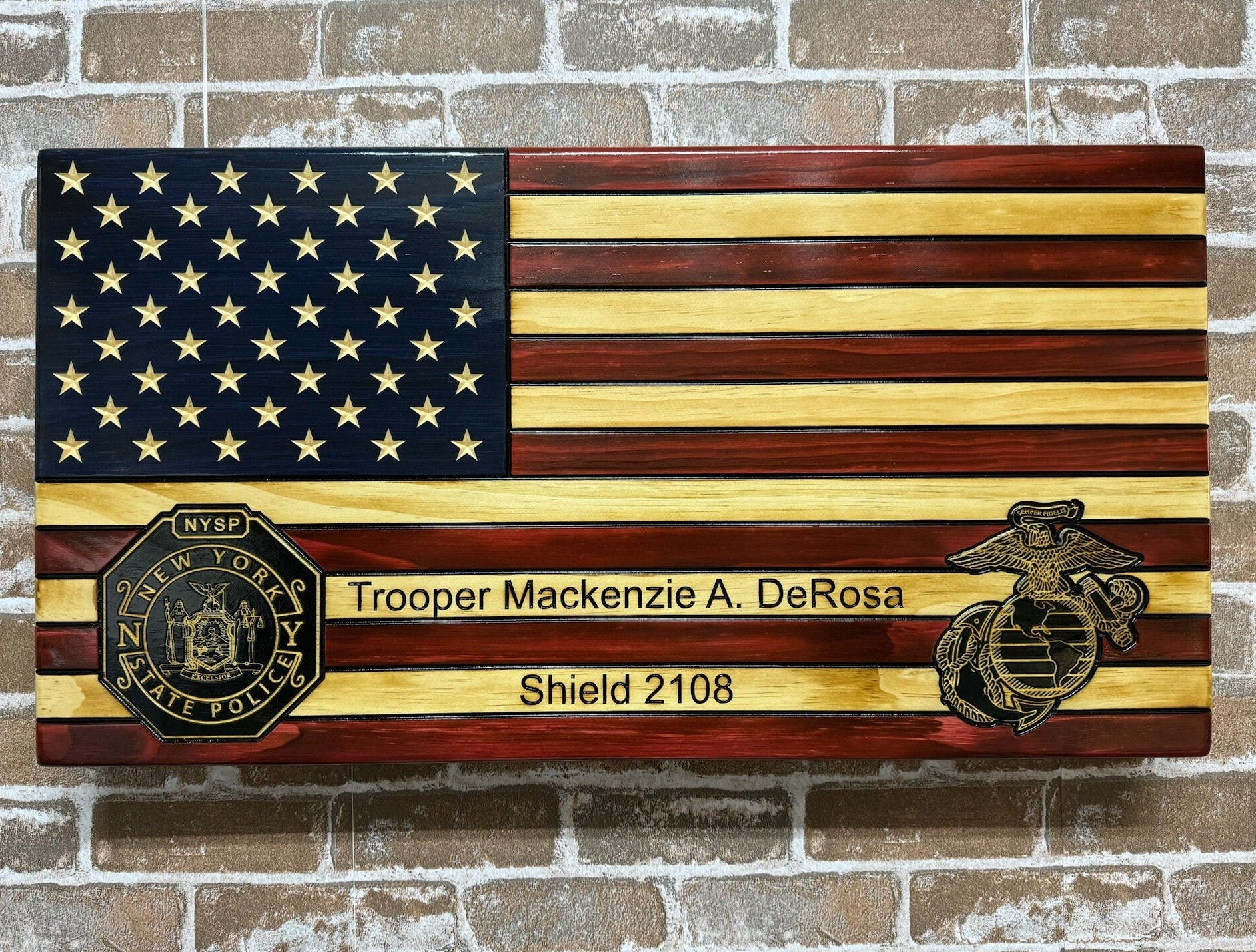 Customizable Military Plaque Wooden Flag with Logo/Patch/Seal and Text Engraving, Patriotic Wall Art Decor, Promotion or Retirement Gift